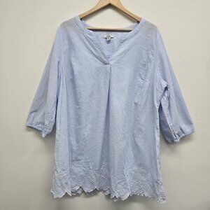 Croft & Barrow Embroidered Scallop Hem Blouse Shirt Size 1X Striped Blue White